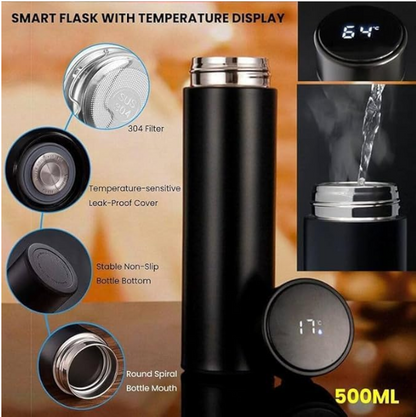 Temperature Vacuum Insulated Thermos Water Bottle with LED Temperature Display Stainless Steel Perfect for Hot and Cold Drinks (Black)